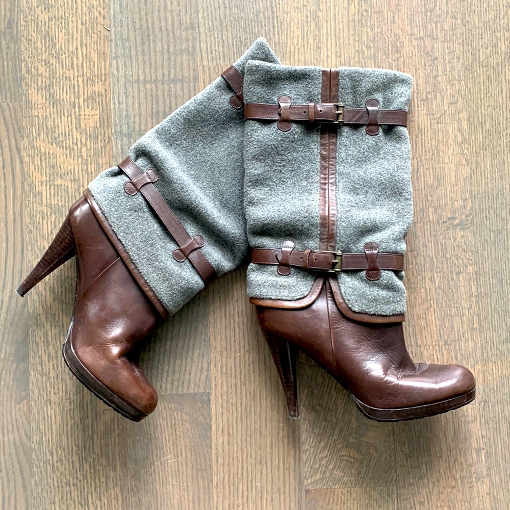 Gray and Brown Cole Haan Nike Air Kennedy Buckle High Heel Boots Size 8.5